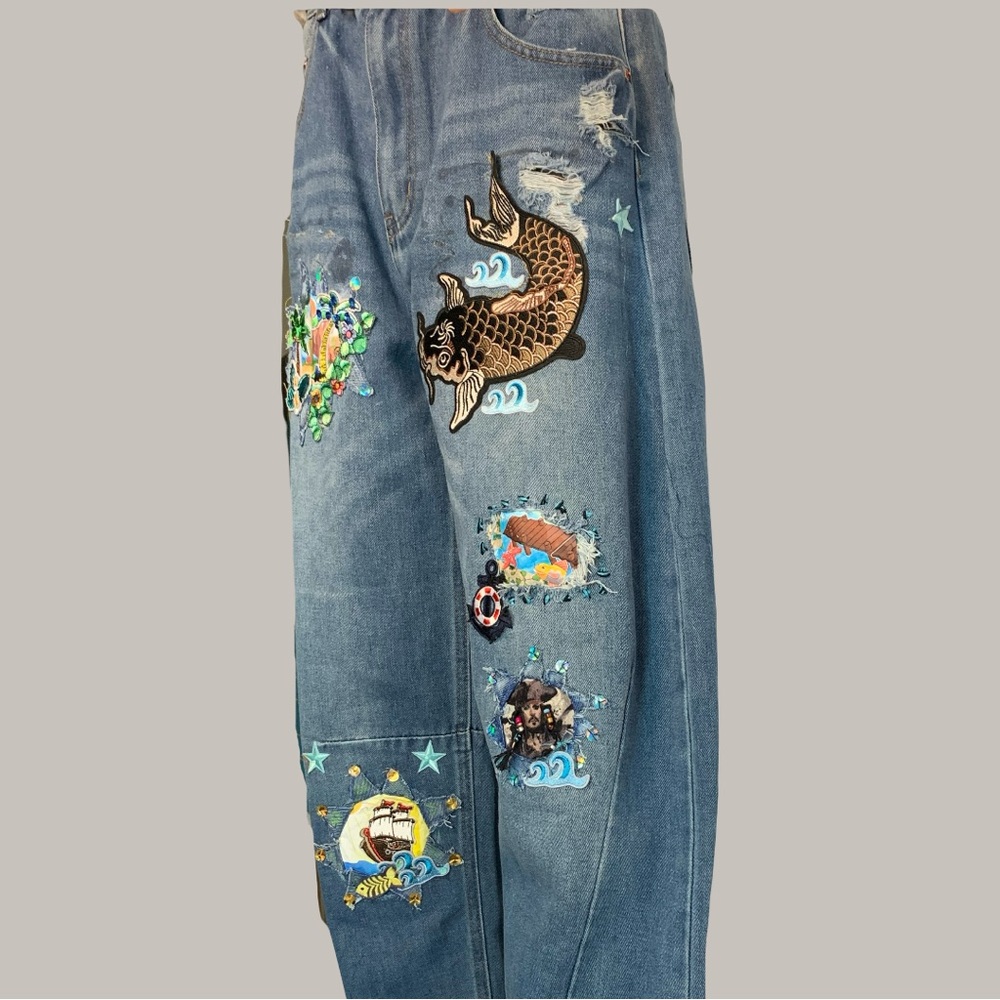 Upcycled Embroidered, Patched, and Distressed Barrel Jean with a Caribbean Theme - Picture 2 of 14